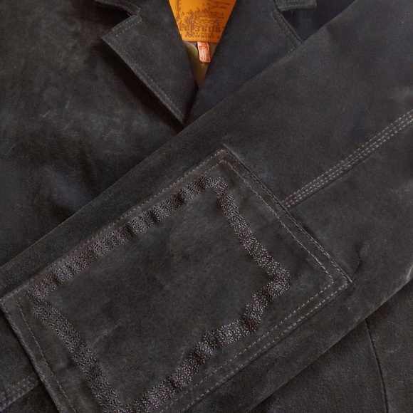 Vintage 90s B.U.M. Equipment Men’s Black Suede Jacket Coat Elbow Patches - Picture 12 of 16